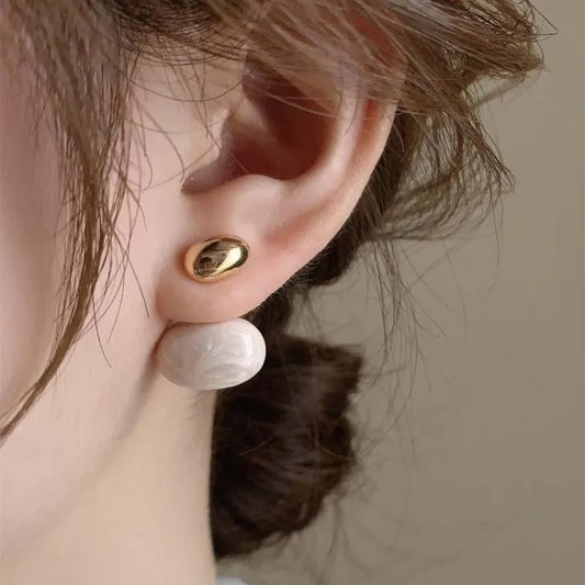 Vintage Metal Bean Spliced Flat Pearl Drop Earrings - Elegant Gold Color Jewelry Gifts for Women