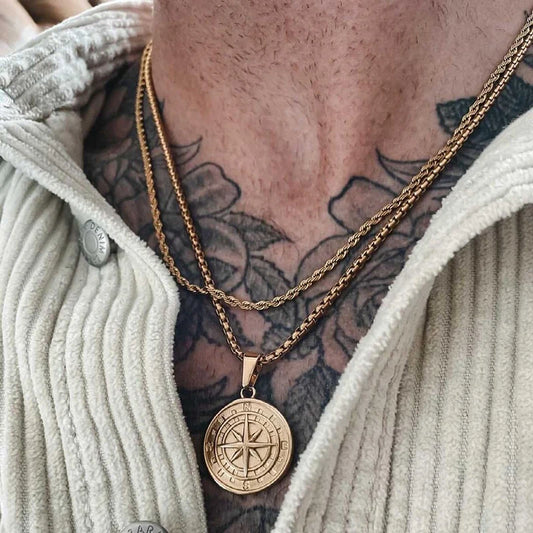 Gold Color Men's Compass Necklace - Vintage Viking North Star Anchor Medal Pendant for Gifts