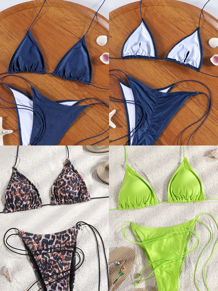 ZRTAK Pleated Blue Triangle Bikini Set – Micro Thong Swimwear for Women