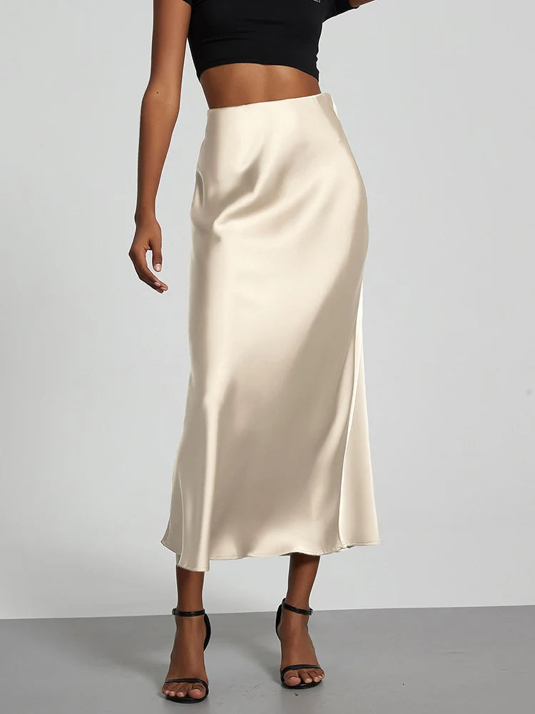 Chic Satin Fishtail Skirt - High Waist Solid Color Summer Fashion for Women
