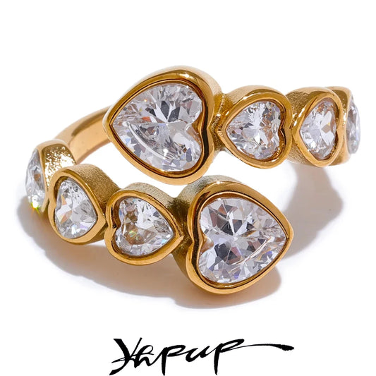 Yhpup Delicate Cubic Zirconia Heart Stainless Steel Gold Color Adjustable Ring