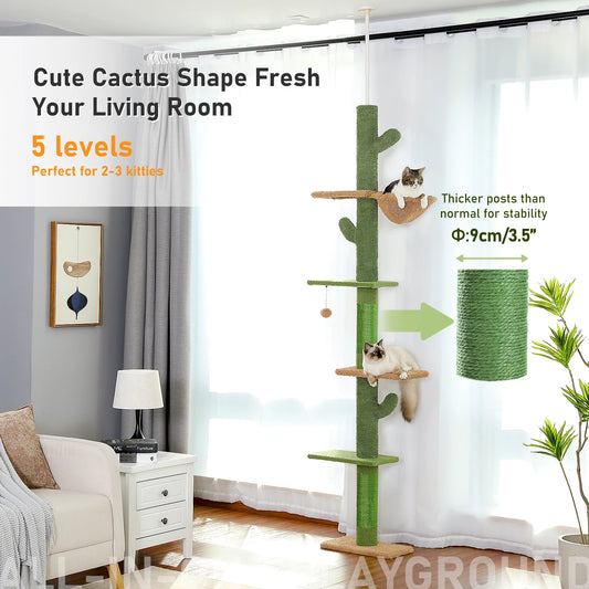 5-Tier Floor to Ceiling Cat Tree Cactus Tower with Scratching Post, Hammock & Dangling Ball