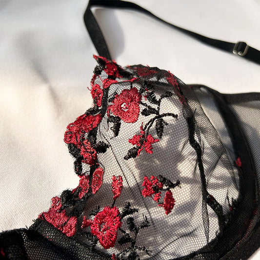 Exotic Women's Embroidered Bra and Lingerie Set - Push Up Bralette