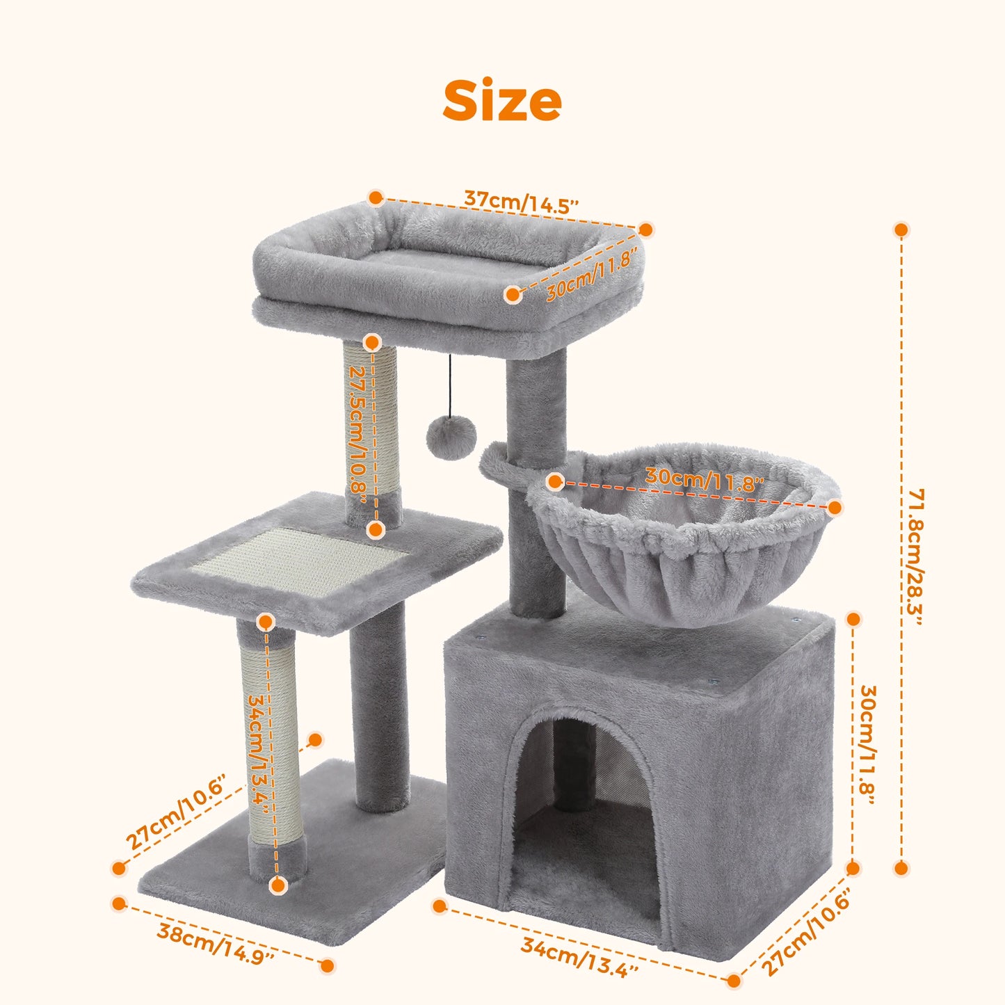 Cat Tree Tower for Indoor Cats - 2 Styles with Scratching Posts, Hammock, and Removable Top Perch - Grey