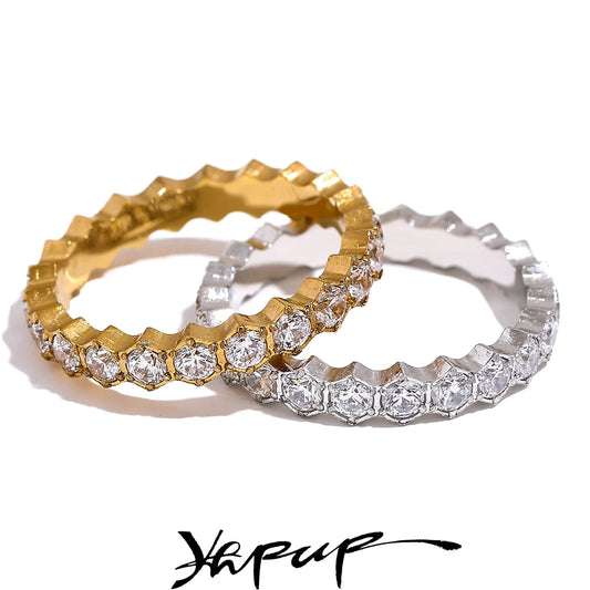 Yhpup Exquisite White Cubic Zirconia Bling Stainless Steel Classic Thin Chic Ring