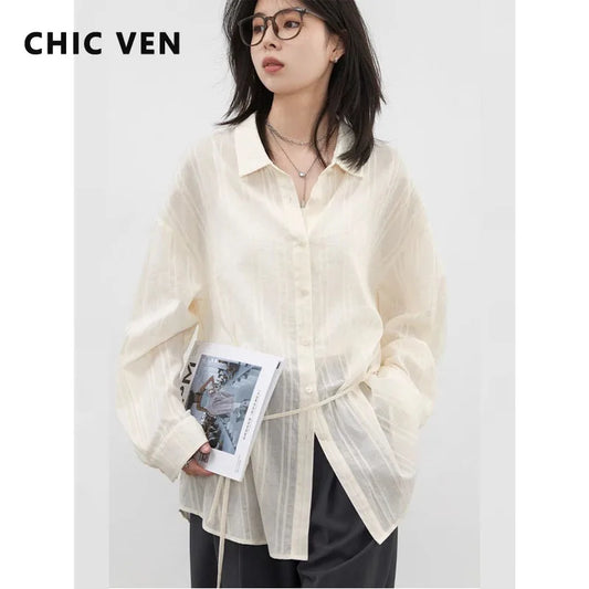CHIC VEN Women Cotton Striped Waist Shirt
