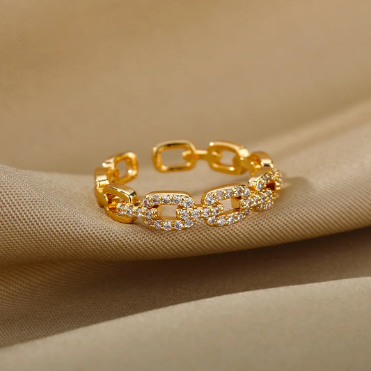 Classic Twist Chain Open Rings for Women - Zircon Stainless Steel Geometric Couple Ring