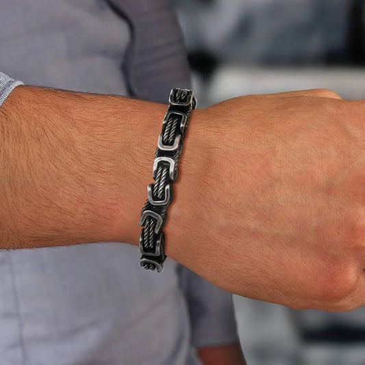 Men's Chunky Byzantine Bracelet - Retro Grey 8mm Stainless Steel Braided Link Wristband