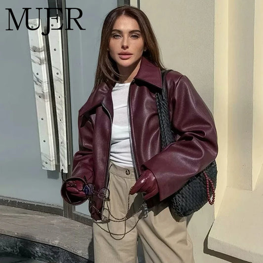 MUJER Faux Leather Bomber Jackets for Women Zipper Winter Jackets Woman Ruched Demi-season Jacket for Women Coats Women's Jacket