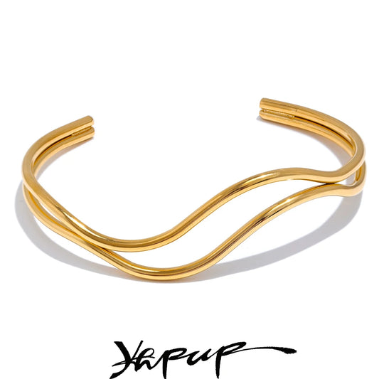 Yhpup Unique Stainless Steel Double Layer Hollow Adjustable Cuff Bracelet - Minimalistic Wrist Charm Jewelry Gift