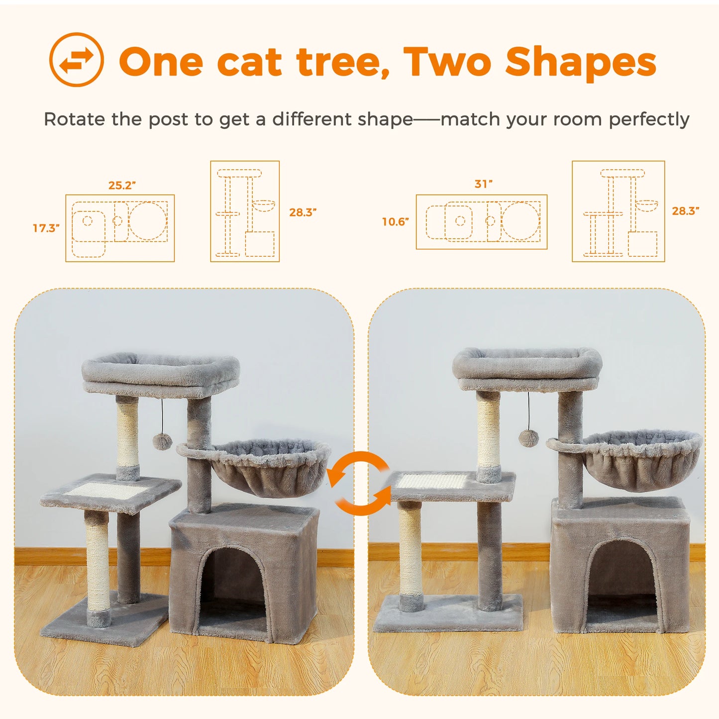 Cat Tree Tower for Indoor Cats - 2 Styles with Scratching Posts, Hammock, and Removable Top Perch - Grey