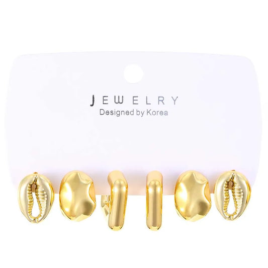 Vintage Gold Color CCB Round Stud Earrings Set for Women - Exaggerated Geometric Hollow Jewelry