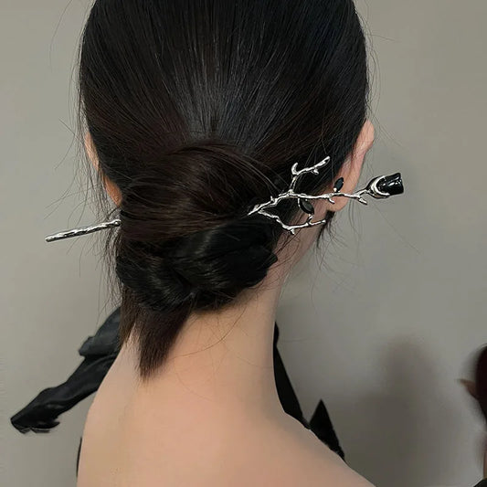 2025 Vintage Rose Flower Crystal Branch Hairpin - Elegant Metal Texture Headwear Jewelry for Women