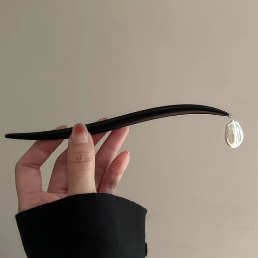 Chinese Style Natural Baroque Irregular Pearl Geometric Hairpin with Curved Sandalwood - Classic Hair Ornaments