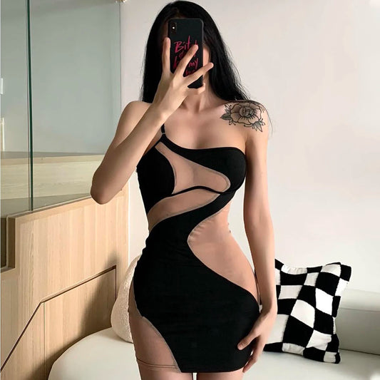 Sexy Summer Dresses 2025: See Through Irregular Splicing Short Black Dress with Single Shoulder Strap