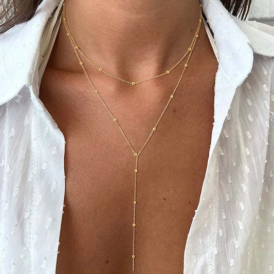 Fashion Gold Color Double Layered Long Chain Drop Necklace for Women - Simple Metal Geometric Bead Tassel Choker Jewelry