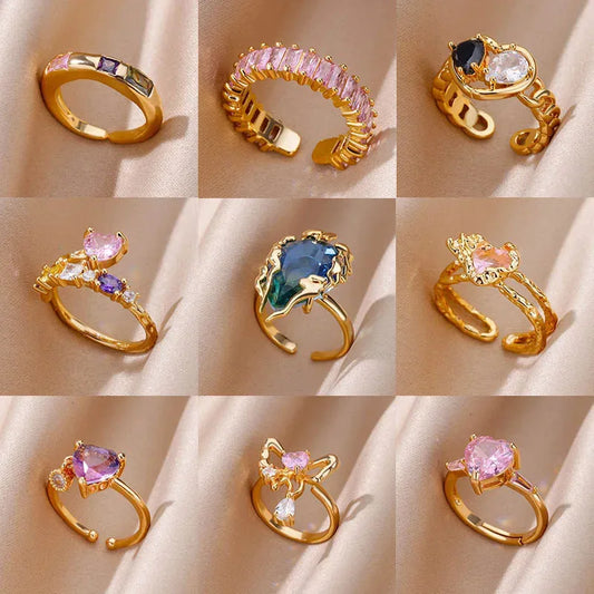 Zircon Flame Drop Ring for Women - Adjustable Stainless Steel Water Drop Jewelry for Weddings and Parties