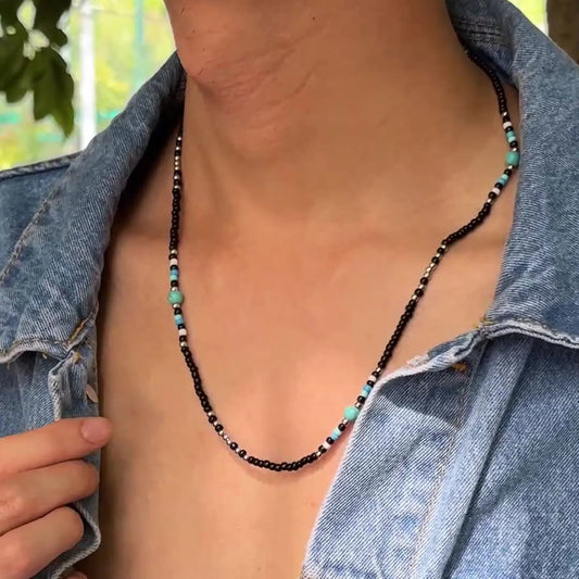 Stylish Synthetic Turquoise Necklaces for Men and Boys - Mini Black Beaded Summer Beach Jewelry