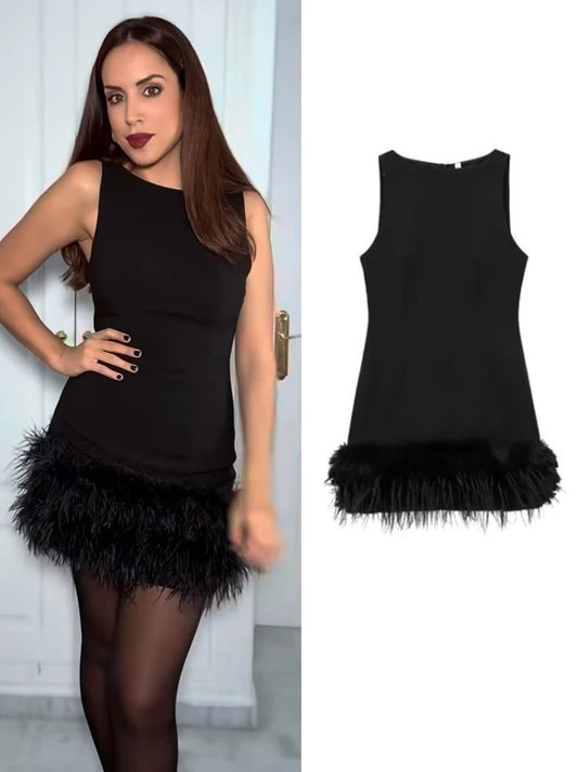 TFMLN 2024 Elegant Women Feathers Mini Dress