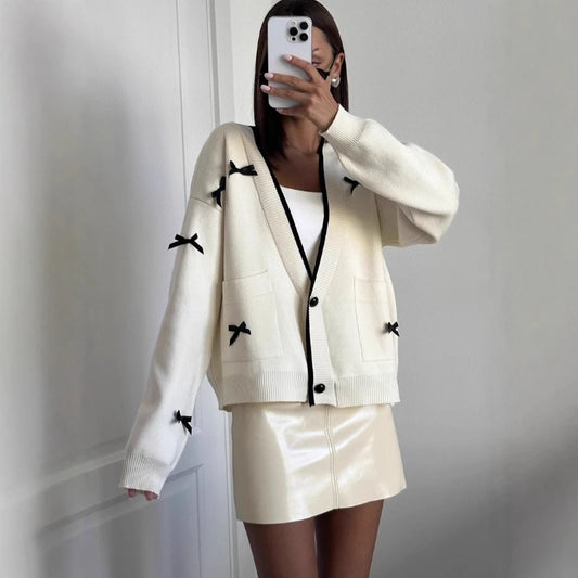 TARUXY Bow Knit Cardigan for Women - Cozy V-Neck Loose Fit Sweater Coat for Autumn & Winter Fashion