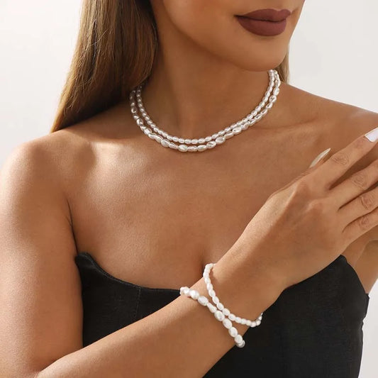 Vintage White Imitation Pearl Beads Choker Necklace for Women - Elegant Double Layer Elastic Short Chain Wedding Jewelry