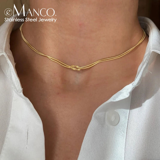 eManco Elegant Minimalist Jewelry: 14k Gold Plated Knotted Snake Chain Necklace for Women