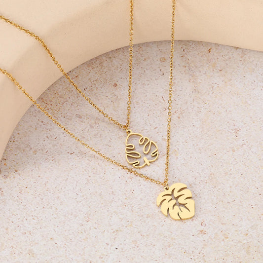 Stainless Steel Tropical Plant Big Leaves Pendant Necklace - Fashion Jewelry for Women, Ideal Gift for Friends