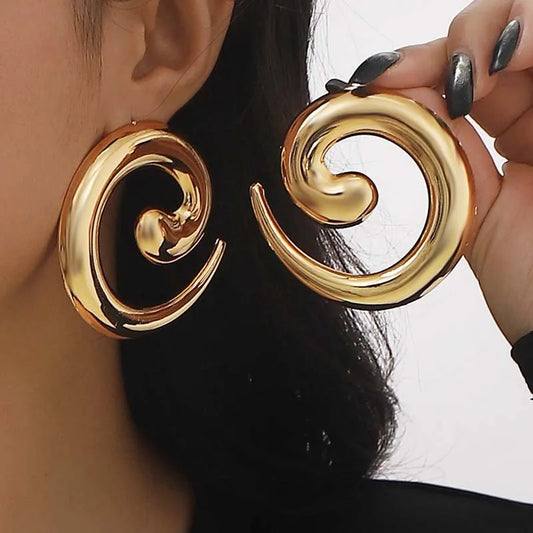 Vintage Metal Irregular Smooth Spiral Stud Earrings – Exaggerated Gold Color Geometric Hollow Large Earrings for Women