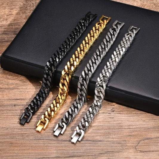 Gold Color Men's Cuban Chain Bracelet - Chunky Waterproof Stainless Steel Link Wristband