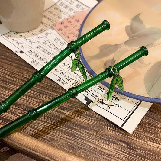 Vintage Imitation Jade Bamboo Leaf Hair Stick - Elegant Chinese Style Hairpin for Women