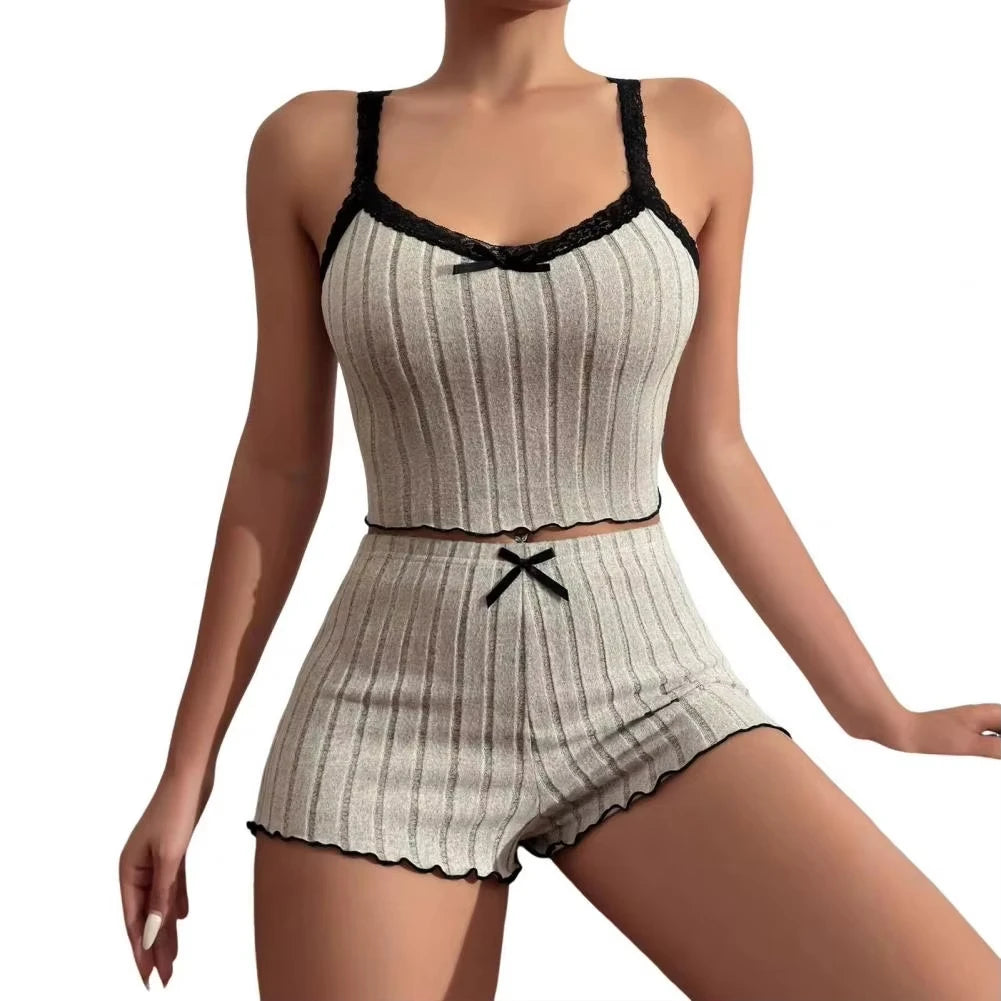Pajama Suit Suspender Shorts with Sexy Bow Print