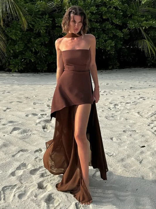 TARUXY Fashion Strapless Dress - Elegant Sleeveless Mesh Beach Vacation Long Dress for Women