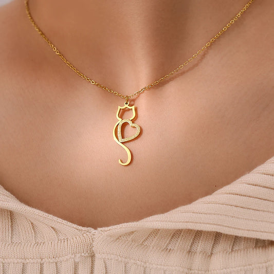 Trendy Heart Cat Pendant Stainless Steel Necklace - Cute Choker for Women