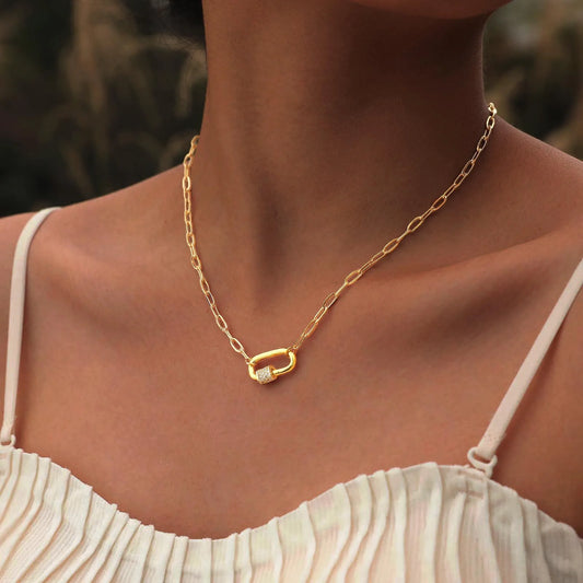 Pave Zircon Pin Pendant Necklace for Women - Adjustable Stainless Steel Paperclip Chain Wholesale Jewelry