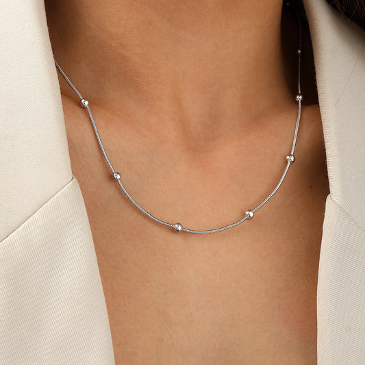 Vintage Fashion Stainless Steel Necklace with Small Round Beads and Bamboo Chain for Women