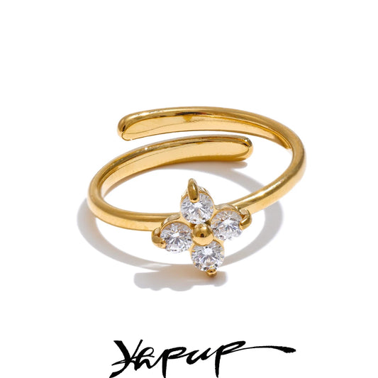 Yhpup Exquisite Stainless Steel Bling Cubic Zirconia Flower Adjustable Ring for Women