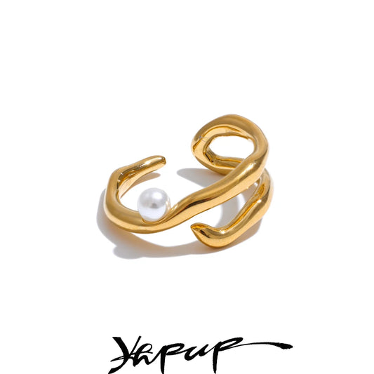 Yhpup Stylish Unique Stainless Steel Pearls Geometric Open Chic Ring for Women