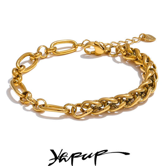Yhpup Fashion Stainless Steel Metal Chain Statement Bracelet Bangle - 18K Gold Waterproof Plated Jewelry for Women