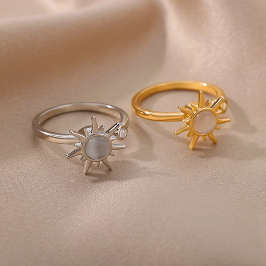 Rotating Sun Opal Ring for Women - Adjustable Stainless Steel Retro Charm Jewelry