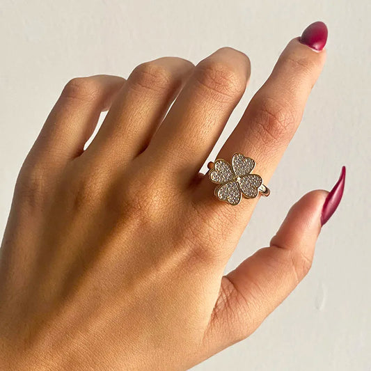 Zircon Rotatable Four Leaf Clover Anxiety Rings for Women - Stainless Steel Fidget Spinner Ring - Aesthetic Jewelry Gift