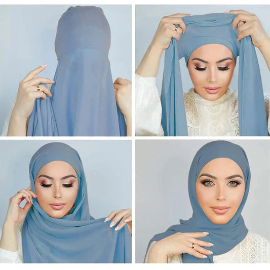 Women Muslim Chiffon Hijab with Cap Bonnet - Instant Scarf Headwrap
