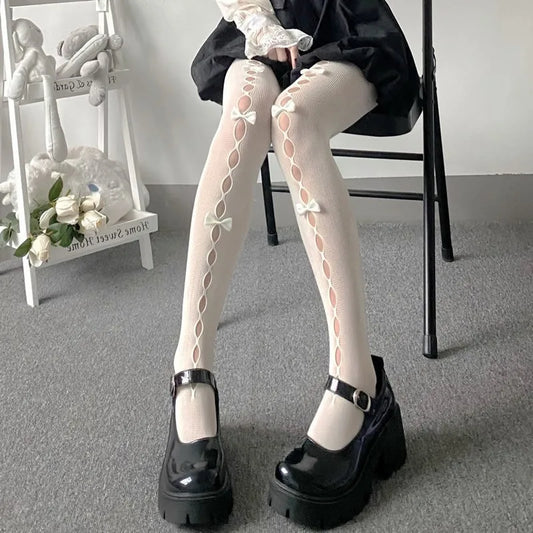 Lolita Cosplay Girls Bowknot Hollow Out Pantyhose - Elegant Lace Tights for Anime Lovers