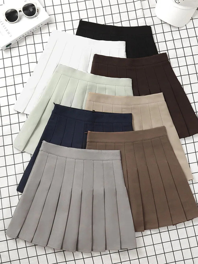 Brown Pleated Mini Skirt for Women - High Waist Harajuku Style Summer 2025 School Uniform