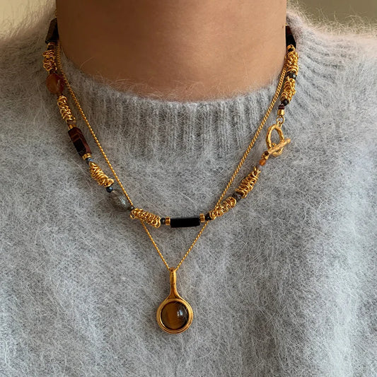 Vintage Handmade Natural Brown Stone Choker Necklace for Women - Gold Color Beaded Jewelry Gift