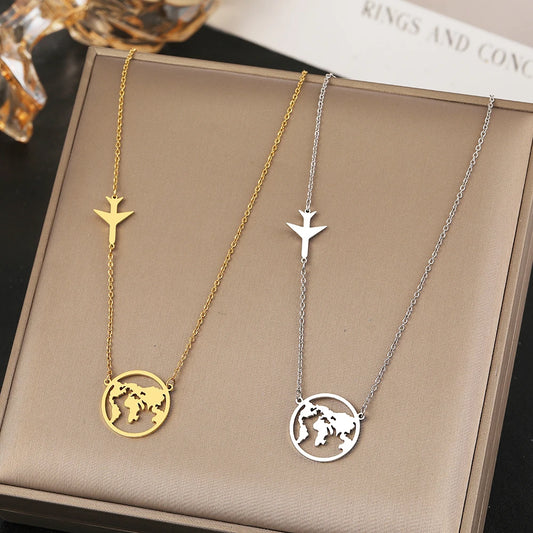 Stainless Steel Airplane Globe Map Necklace - Travel Themed Choker Pendant for Men & Women