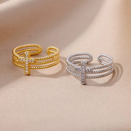 New Zircon Cross Rings for Women - Adjustable Stainless Steel Luxury Wedding Jewelry Gift 2025