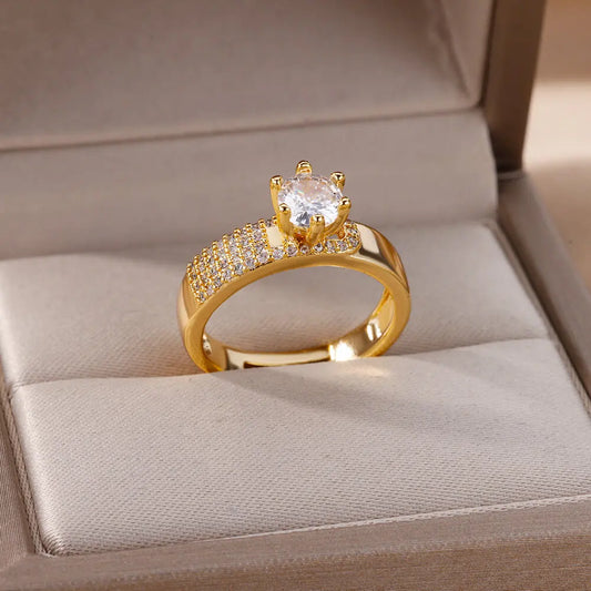 Stainless Steel Round Rings for Women - Geometric Gold Color Crystal Ring - Aesthetic Wedding Party Jewelry Gift