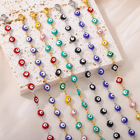 Stainless Steel Evil Eye Bracelet for Women - Enamel Blue Bead Bracelet for Summer Beach Style