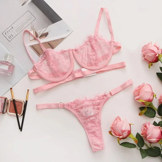 Sexy Lace Transparent Underwear Set with Fairy Embroidery - Delicate Bra and Briefs Kit
