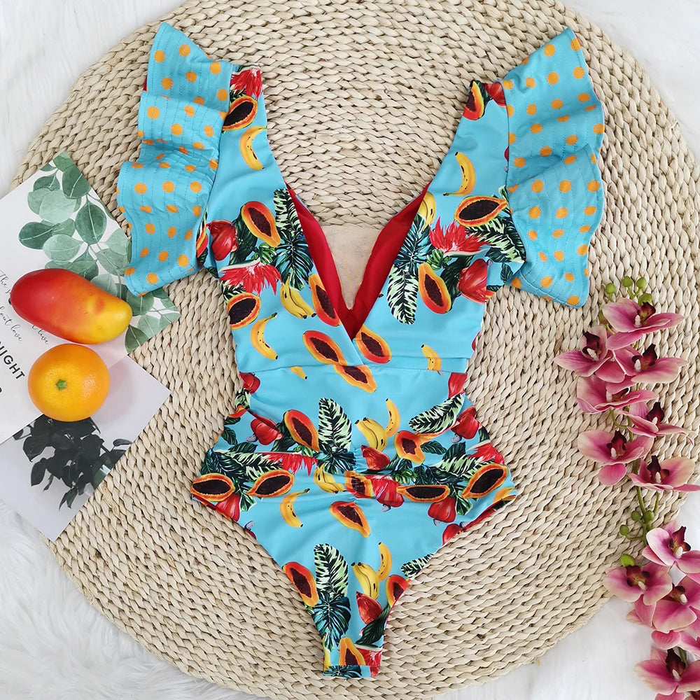 Luxe V-Neck Lace Print One-Piece Swimsuit